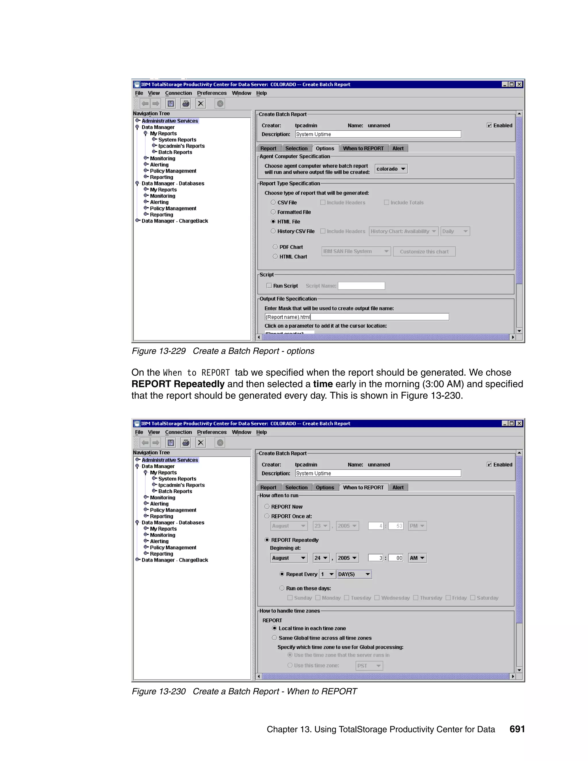 Figure 13-229 Create a Batch Report - options

On the When to REPORT tab we specified when the report should be generated. We chose
REPORT Repeatedly and then selected a time early in the morning (3:00 AM) and specified
that the report should be generated every day. This is shown in Figure 13-230.




Figure 13-230 Create a Batch Report - When to REPORT



                                 Chapter 13. Using TotalStorage Productivity Center for Data   691
 