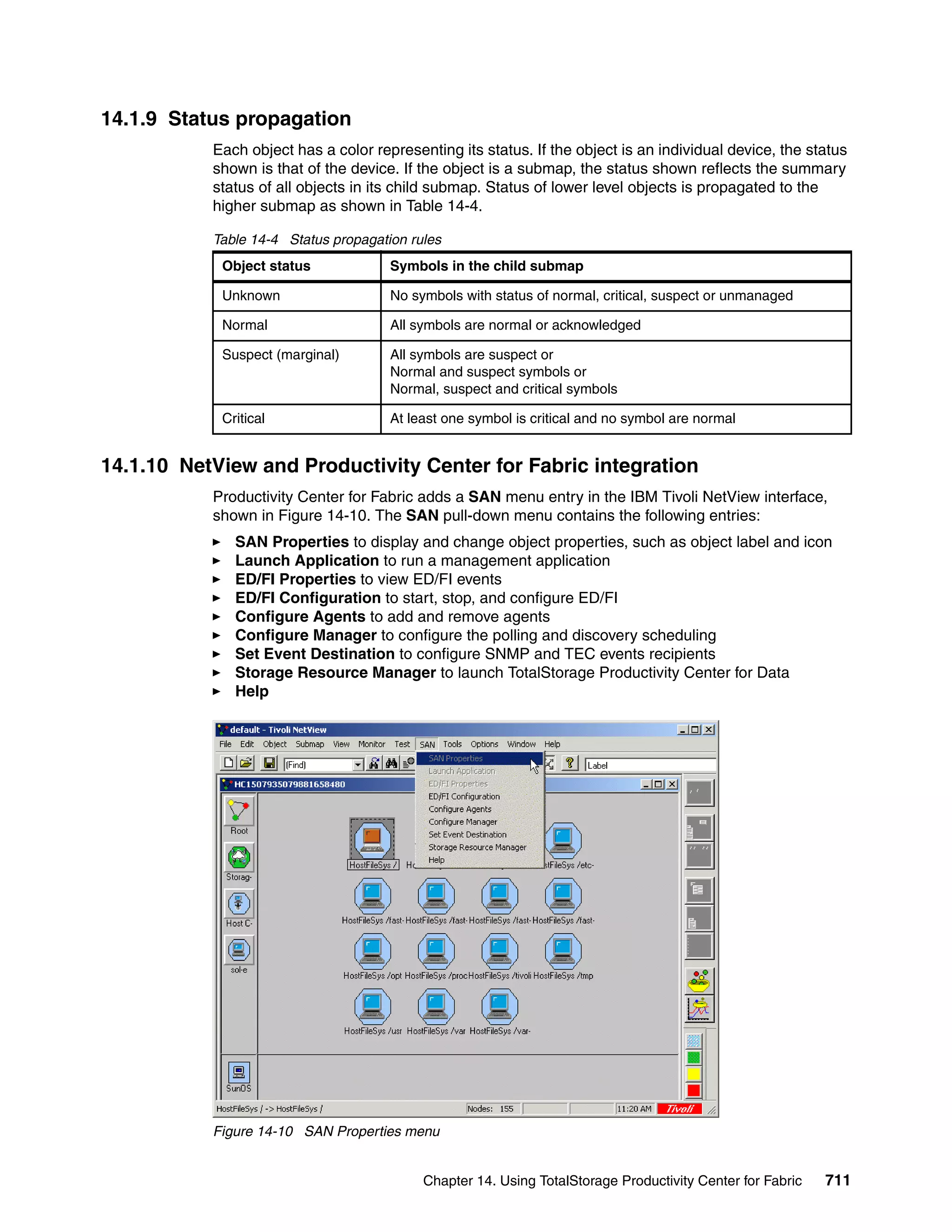 14.1.9 Status propagation
           Each object has a color representing its status. If the object is an individual device, the status
           shown is that of the device. If the object is a submap, the status shown reflects the summary
           status of all objects in its child submap. Status of lower level objects is propagated to the
           higher submap as shown in Table 14-4.

           Table 14-4 Status propagation rules
            Object status             Symbols in the child submap

            Unknown                   No symbols with status of normal, critical, suspect or unmanaged

            Normal                    All symbols are normal or acknowledged

            Suspect (marginal)        All symbols are suspect or
                                      Normal and suspect symbols or
                                      Normal, suspect and critical symbols

            Critical                  At least one symbol is critical and no symbol are normal


14.1.10 NetView and Productivity Center for Fabric integration
           Productivity Center for Fabric adds a SAN menu entry in the IBM Tivoli NetView interface,
           shown in Figure 14-10. The SAN pull-down menu contains the following entries:
              SAN Properties to display and change object properties, such as object label and icon
              Launch Application to run a management application
              ED/FI Properties to view ED/FI events
              ED/FI Configuration to start, stop, and configure ED/FI
              Configure Agents to add and remove agents
              Configure Manager to configure the polling and discovery scheduling
              Set Event Destination to configure SNMP and TEC events recipients
              Storage Resource Manager to launch TotalStorage Productivity Center for Data
              Help




           Figure 14-10 SAN Properties menu


                                           Chapter 14. Using TotalStorage Productivity Center for Fabric   711
 