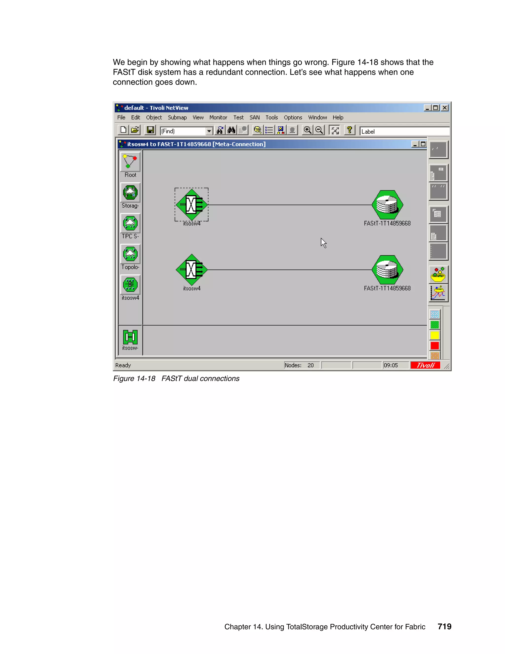 We begin by showing what happens when things go wrong. Figure 14-18 shows that the
FAStT disk system has a redundant connection. Let’s see what happens when one
connection goes down.




Figure 14-18 FAStT dual connections




                              Chapter 14. Using TotalStorage Productivity Center for Fabric   719
 