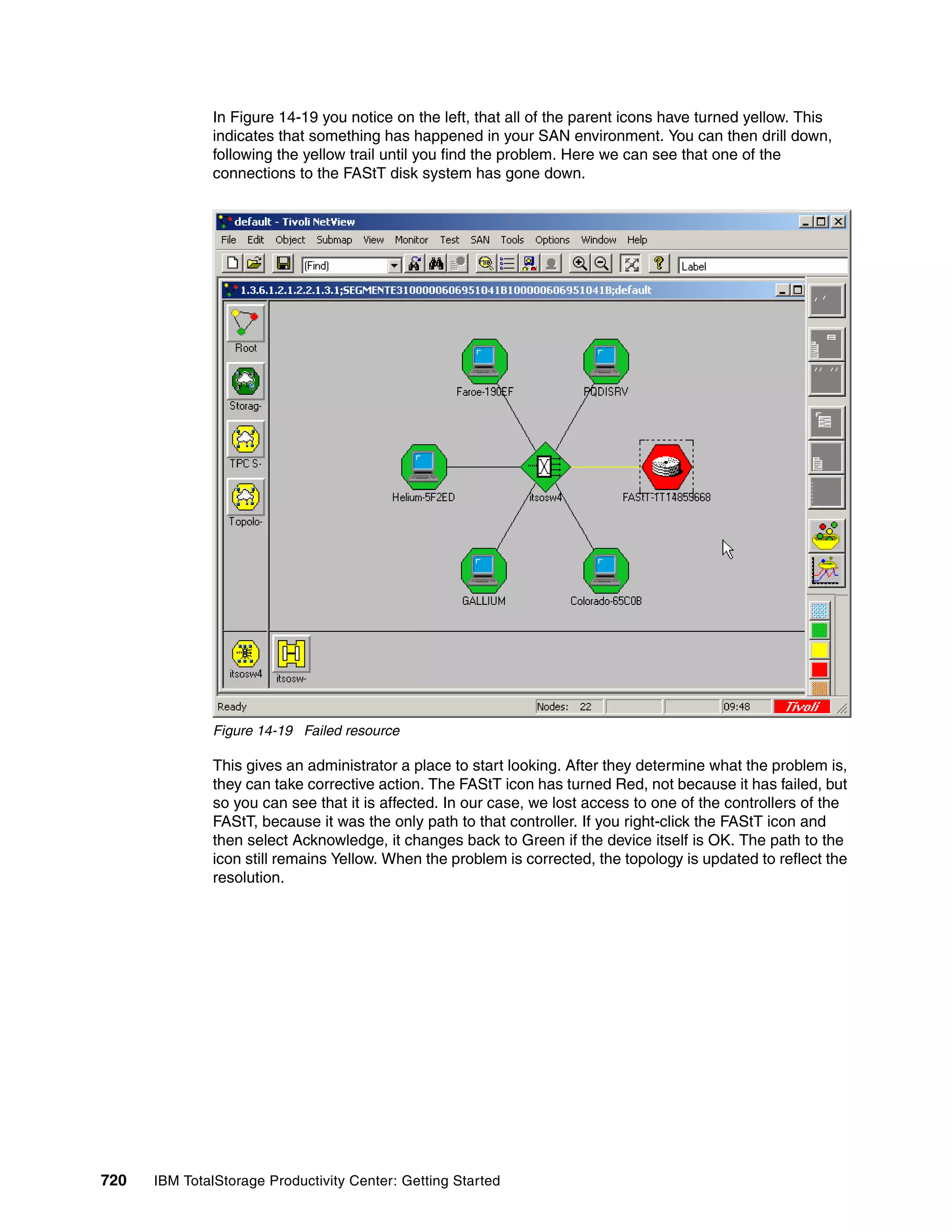 In Figure 14-19 you notice on the left, that all of the parent icons have turned yellow. This
               indicates that something has happened in your SAN environment. You can then drill down,
               following the yellow trail until you find the problem. Here we can see that one of the
               connections to the FAStT disk system has gone down.




               Figure 14-19 Failed resource

               This gives an administrator a place to start looking. After they determine what the problem is,
               they can take corrective action. The FAStT icon has turned Red, not because it has failed, but
               so you can see that it is affected. In our case, we lost access to one of the controllers of the
               FAStT, because it was the only path to that controller. If you right-click the FAStT icon and
               then select Acknowledge, it changes back to Green if the device itself is OK. The path to the
               icon still remains Yellow. When the problem is corrected, the topology is updated to reflect the
               resolution.




720   IBM TotalStorage Productivity Center: Getting Started
 