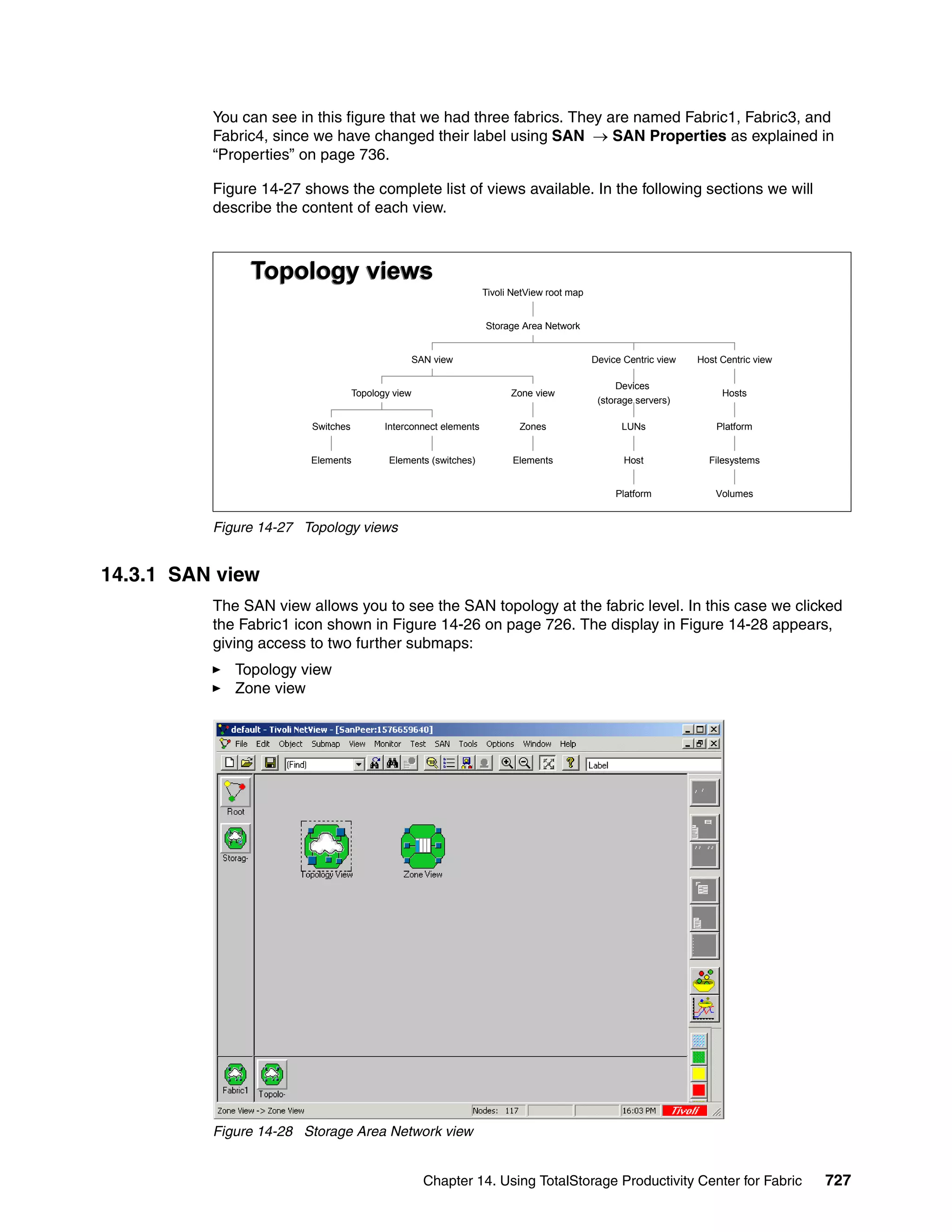 You can see in this figure that we had three fabrics. They are named Fabric1, Fabric3, and
          Fabric4, since we have changed their label using SAN → SAN Properties as explained in
          “Properties” on page 736.

          Figure 14-27 shows the complete list of views available. In the following sections we will
          describe the content of each view.



               Topology views
                                                                  Tivoli NetView root map


                                                                  Storage Area Network


                                                   SAN view                                 Device Centric view   Host Centric view

                                                                                                  Devices
                                   Topology view                        Zone view                                      Hosts
                                                                                             (storage servers)

                        Switches          Interconnect elements           Zones                   LUNs                Platform


                        Elements           Elements (switches)          Elements                   Host             Filesystems


                                                                                                 Platform             Volumes


          Figure 14-27 Topology views


14.3.1 SAN view
          The SAN view allows you to see the SAN topology at the fabric level. In this case we clicked
          the Fabric1 icon shown in Figure 14-26 on page 726. The display in Figure 14-28 appears,
          giving access to two further submaps:
             Topology view
             Zone view




          Figure 14-28 Storage Area Network view


                                                     Chapter 14. Using TotalStorage Productivity Center for Fabric                    727
 