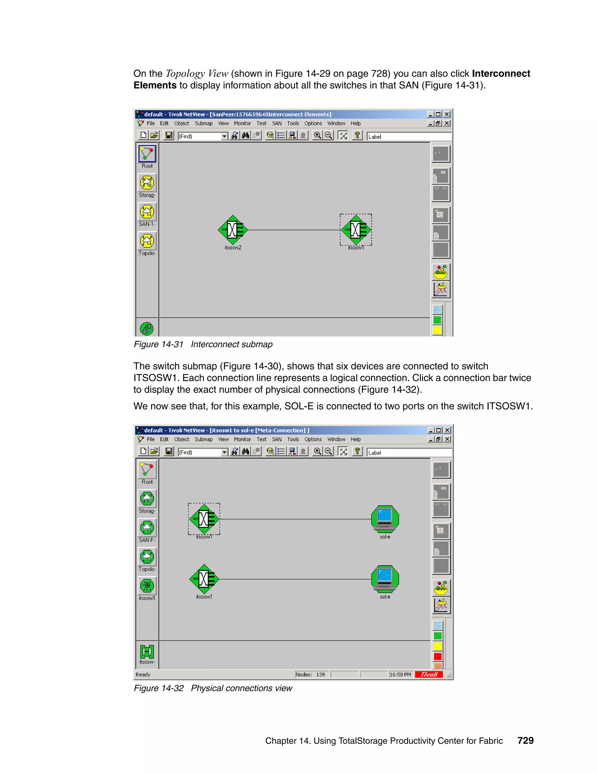 On the Topology View (shown in Figure 14-29 on page 728) you can also click Interconnect
Elements to display information about all the switches in that SAN (Figure 14-31).




Figure 14-31 Interconnect submap

The switch submap (Figure 14-30), shows that six devices are connected to switch
ITSOSW1. Each connection line represents a logical connection. Click a connection bar twice
to display the exact number of physical connections (Figure 14-32).
We now see that, for this example, SOL-E is connected to two ports on the switch ITSOSW1.




Figure 14-32 Physical connections view




                               Chapter 14. Using TotalStorage Productivity Center for Fabric   729
 