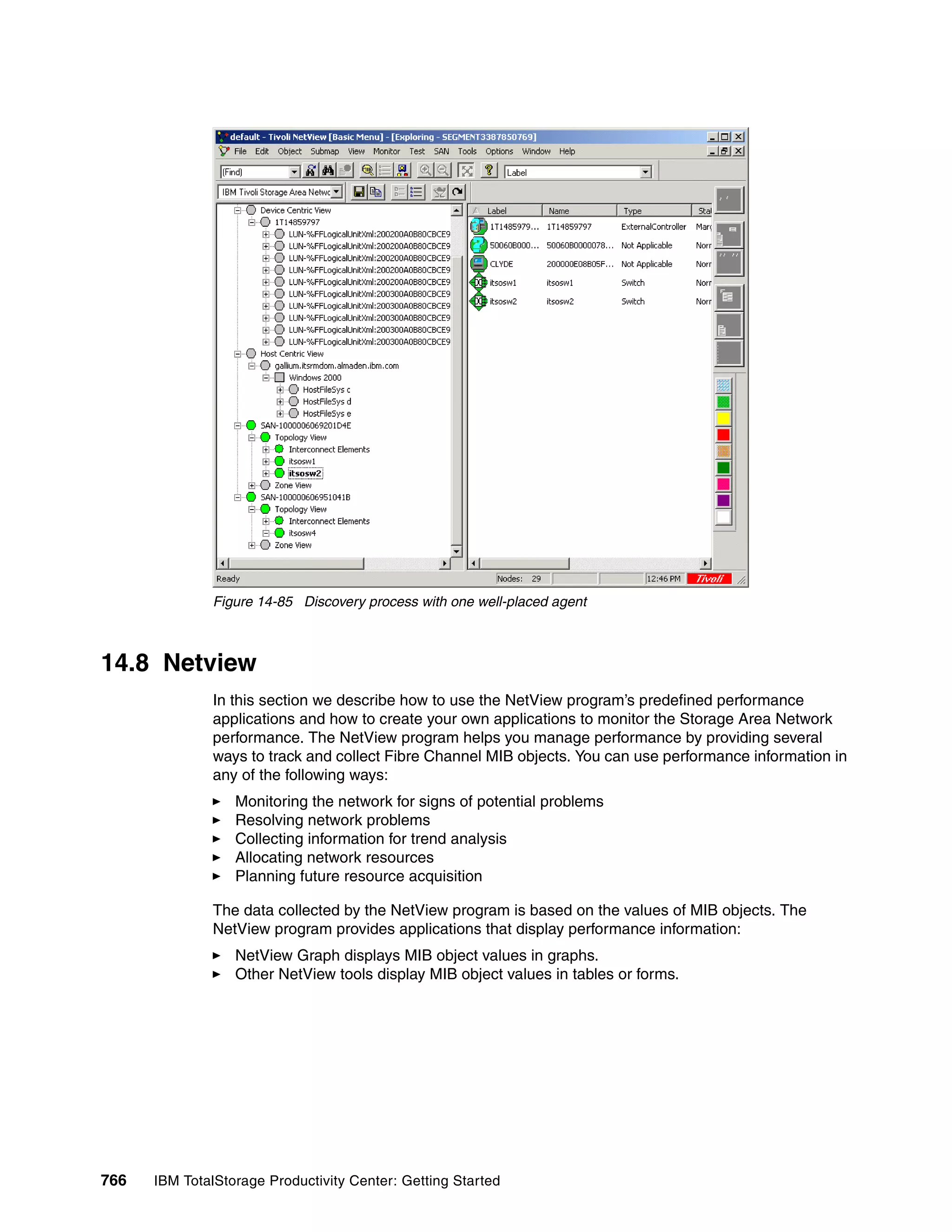 Figure 14-85 Discovery process with one well-placed agent



14.8 Netview
               In this section we describe how to use the NetView program’s predefined performance
               applications and how to create your own applications to monitor the Storage Area Network
               performance. The NetView program helps you manage performance by providing several
               ways to track and collect Fibre Channel MIB objects. You can use performance information in
               any of the following ways:
                  Monitoring the network for signs of potential problems
                  Resolving network problems
                  Collecting information for trend analysis
                  Allocating network resources
                  Planning future resource acquisition

               The data collected by the NetView program is based on the values of MIB objects. The
               NetView program provides applications that display performance information:
                  NetView Graph displays MIB object values in graphs.
                  Other NetView tools display MIB object values in tables or forms.




766   IBM TotalStorage Productivity Center: Getting Started
 