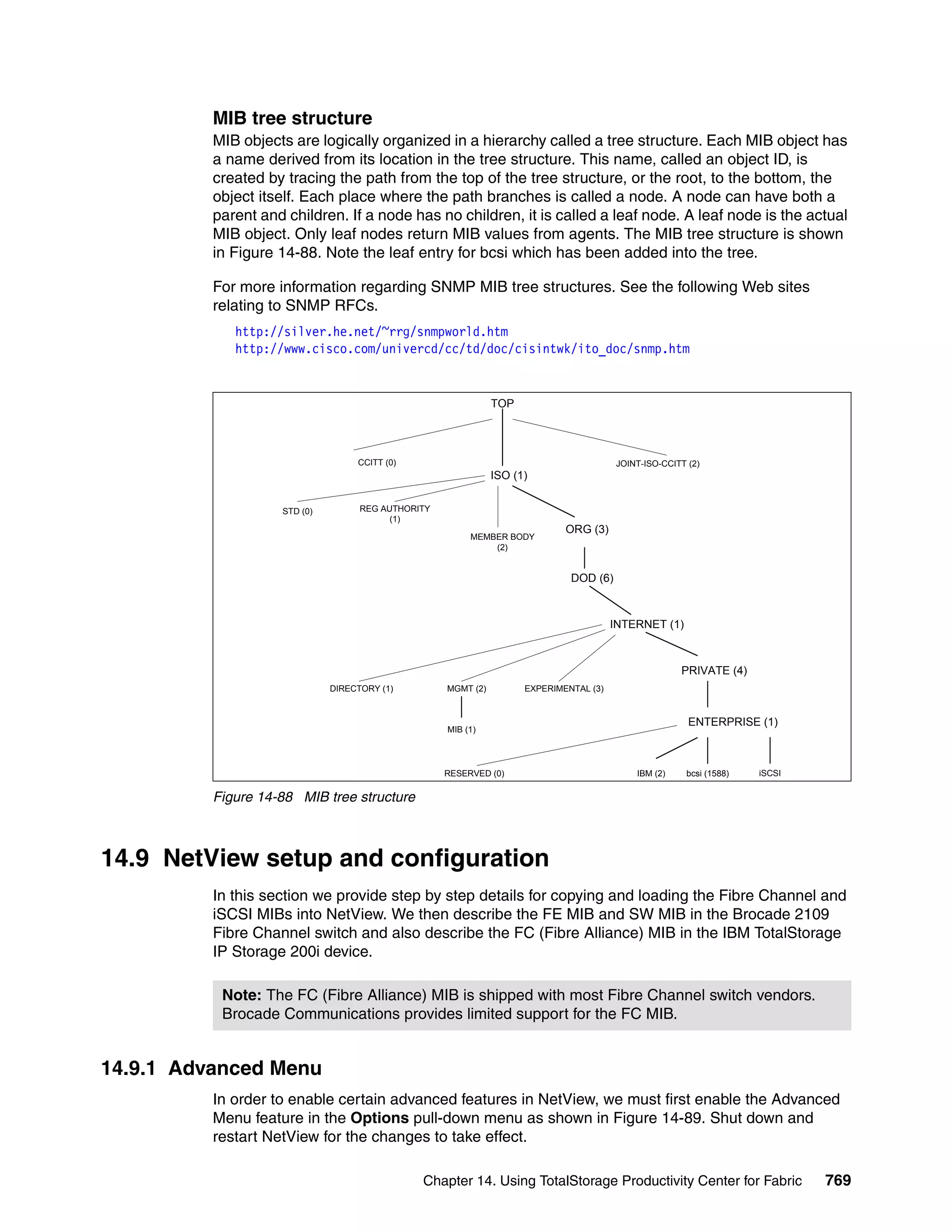 MIB tree structure
          MIB objects are logically organized in a hierarchy called a tree structure. Each MIB object has
          a name derived from its location in the tree structure. This name, called an object ID, is
          created by tracing the path from the top of the tree structure, or the root, to the bottom, the
          object itself. Each place where the path branches is called a node. A node can have both a
          parent and children. If a node has no children, it is called a leaf node. A leaf node is the actual
          MIB object. Only leaf nodes return MIB values from agents. The MIB tree structure is shown
          in Figure 14-88. Note the leaf entry for bcsi which has been added into the tree.

          For more information regarding SNMP MIB tree structures. See the following Web sites
          relating to SNMP RFCs.
             http://silver.he.net/~rrg/snmpworld.htm
             http://www.cisco.com/univercd/cc/td/doc/cisintwk/ito_doc/snmp.htm


                                                               TOP




                                   CCITT (0)                                            JOINT-ISO-CCITT (2)
                                                               ISO (1)


                    STD (0)         REG AUTHORITY
                                          (1)
                                                                             ORG (3)
                                                         MEMBER BODY
                                                             (2)


                                                                              DOD (6)



                                                                                        INTERNET (1)



                                                                                                      PRIVATE (4)
                              DIRECTORY (1)         MGMT (2)         EXPERIMENTAL (3)


                                                                                                        ENTERPRISE (1)
                                                    MIB (1)




                                                    RESERVED (0)                            IBM (2)     bcsi (1588)   iSCSI

          Figure 14-88 MIB tree structure



14.9 NetView setup and configuration
          In this section we provide step by step details for copying and loading the Fibre Channel and
          iSCSI MIBs into NetView. We then describe the FE MIB and SW MIB in the Brocade 2109
          Fibre Channel switch and also describe the FC (Fibre Alliance) MIB in the IBM TotalStorage
          IP Storage 200i device.

           Note: The FC (Fibre Alliance) MIB is shipped with most Fibre Channel switch vendors.
           Brocade Communications provides limited support for the FC MIB.


14.9.1 Advanced Menu
          In order to enable certain advanced features in NetView, we must first enable the Advanced
          Menu feature in the Options pull-down menu as shown in Figure 14-89. Shut down and
          restart NetView for the changes to take effect.

                                               Chapter 14. Using TotalStorage Productivity Center for Fabric                  769
 