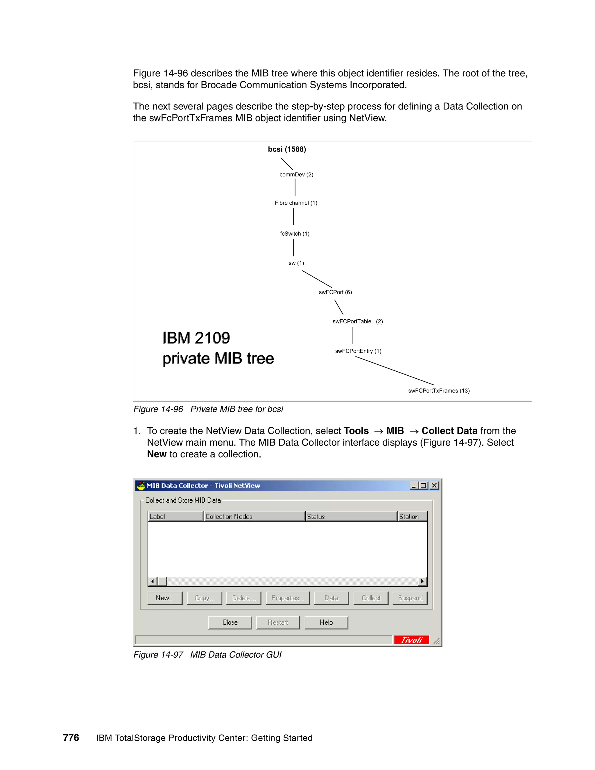 Figure 14-96 describes the MIB tree where this object identifier resides. The root of the tree,
               bcsi, stands for Brocade Communication Systems Incorporated.

               The next several pages describe the step-by-step process for defining a Data Collection on
               the swFcPortTxFrames MIB object identifier using NetView.


                                                 bcsi (1588)


                                                    commDev (2)




                                                   Fibre channel (1)




                                                     fcSwitch (1)




                                                        sw (1)




                                                                       swFCPort (6)




                                                                            swFCPortTable (2)


                      IBM 2109
                                                                            swFCPortEntry (1)

                      private MIB tree
                                                                                                swFCPortTxFrames (13)


               Figure 14-96 Private MIB tree for bcsi

               1. To create the NetView Data Collection, select Tools → MIB → Collect Data from the
                  NetView main menu. The MIB Data Collector interface displays (Figure 14-97). Select
                  New to create a collection.




               Figure 14-97 MIB Data Collector GUI




776   IBM TotalStorage Productivity Center: Getting Started
 