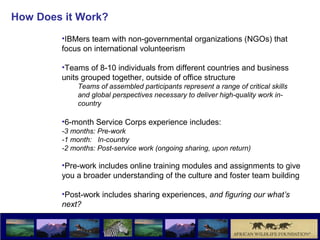 How Does it Work?
        •IBMers team with non-governmental organizations (NGOs) that
        focus on international volunteerism

        •Teams of 8-10 individuals from different countries and business
        units grouped together, outside of office structure
            Teams of assembled participants represent a range of critical skills
            and global perspectives necessary to deliver high-quality work in-
            country

        •6-month Service Corps experience includes:
        -3 months: Pre-work
        -1 month: In-country
        -2 months: Post-service work (ongoing sharing, upon return)

        •Pre-work includes online training modules and assignments to give
        you a broader understanding of the culture and foster team building

        •Post-work includes sharing experiences, and figuring our what’s
        next?
 