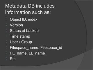 Metadata DB includes
information such as:
 Object ID, index
 Version
 Status of backup
 Time stamp
 User / Group
 Filespace_name, Filespace_id
 HL_name, LL_name
 Etc.
 