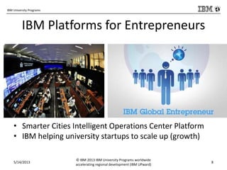 IBM University Programs
IBM Platforms for Entrepreneurs
• Smarter Cities Intelligent Operations Center Platform
• IBM helping university startups to scale up (growth)
5/14/2013
© IBM 2013 IBM University Programs worldwide
accelerating regional development (IBM UPward)
8
 