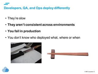 © IBM Corporation13
text
Developers, QA, and Ops deploy differently
• They’re slow
• They aren’t consistent across environments
• You fail in production
• You don’t know who deployed what, where or when
 