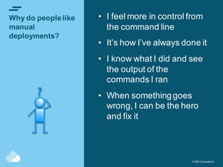 © IBM Corporation5© IBM Corporation5
Why do people like
manual
deployments?
?
• I feel more in control from
the command line
• It’s how I’ve always done it
• I know what I did and see
the output of the
commands I ran
• When something goes
wrong, I can be the hero
and fix it
 