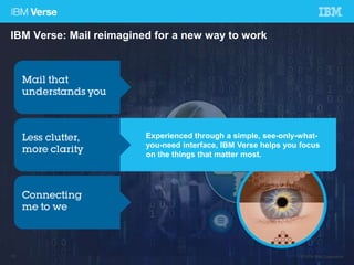 IBM Verse: Mail reimagined for a new way to work 
Experienced through a simple, see-only-what-you- 
need interface, IBM Verse helps you focus 
on the things that matter most. 
10 © 2014 IBM Corporation 
 