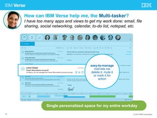 How can IBM Verse help me, the Multi-tasker? 
I have too many apps and views to get my work done: email, file 
sharing, social networking, calendar, to-do list, notepad, etc. 
easy-to-manage 
mail lets me 
delete it, mute it 
or mark it for 
action 
Single personalized space for my entire workday 
18 © 2014 IBM Corporation 
 