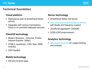 Technical foundation 
Cloud platform 
 Deployed as part of SmartCloud Notes 
service 
 Integrates with various Connections 
Cloud or on premises deployed services 
Client/UI technology 
 Modern Browsers - (Chrome, Firefox, 
Internet Explorer, Safari) 
 HTML5, JavaScript , CSS, Dojo, AMD 
modules 
 CSS FlexBox 
Mobile technology 
 iOS and Android apps 
Server technology 
 SmartCloud Notes mail server 
 New advanced search/analytics service 
with facets and frequency support 
 JavaScript aggregator (JAGGR) 
 LESS (CSS preprocessor) 
Analytics technology 
 IBM Digital Analytics for usage tracking 
and analysis 
37 © 2014 IBM Corporation 
 