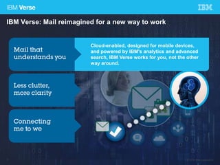 IBM Verse: Mail reimagined for a new way to work 
Cloud-enabled, designed for mobile devices, 
and powered by IBM's analytics and advanced 
search, IBM Verse works for you, not the other 
way around. 
9 © 2014 IBM Corporation 
 
