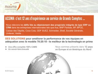 © 2014 Assima 18
Nous relevons les défis liés au déploiement des progiciels intégrés de type ERP ou
CRM dans les entreprises internationales tels que Axa, BNP Paribas, BP, BPCE,
Caisse des Dépôts, Coca Cola, GDF SUEZ, Schneider, Shell, Société Générale,
Unilever, Veolia …
Nous sommes présents dans 12 pays
en Europe et en Amérique du Nord
ASSIMA c’est 12ans d’expérience au service de GrandsComptes …
► Une offre complète 100% CAMS
► Un savoir-faire breveté
DES SOLUTIONS pour améliorer la performance de vos équipes en
adéquation avec le modèle 70:20:10 - le meilleur de la technologie en prime
 
