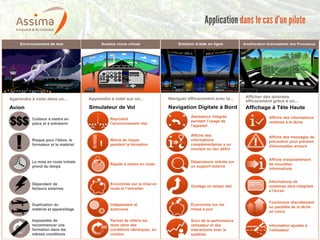 © 2014 Assima 20
Application dans le cas d’un pilote
Impossible de
recommencer une
formation dans les
mêmes conditions
Coûteux à mettre en
place et à entretenir
Risque pour l'élève, le
formateur et le matériel
Dépendant de
facteurs externes
Duplication du
matériel et appareillage
La mise en route initiale
prend du temps
Permet de refaire les
tests dans des
conditions identiques, en
continu
Moins de risque
pendant la formation
Reproduit
l'environnement réel
Économies sur la mise en
route et l’entretien
Indépendant et
autonome
Rapide à mettre en route
Affiche des
informations
complémentaires a un
moment ou lieu défini
Dépendance réduite sur
un support externe
Suivi de la performance
utilisateur et des
interactions avec le
système
Économies sur les
mises à jour
Guidage en temps réel
Assistance intégrée
pendant l’usage de
l'appareil
Affiche des informations
relatives à la tâche
Affiche des messages de
précaution pour prévenir
d'éventuelles erreurs
Informations de
systèmes tiers intégrées
à l'écran
Fonctionne discrètement
en parallèle de la tâche
en cours
Affiche instantanément
de nouvelles
informations
Information ajustée à
l'utilisateur
 