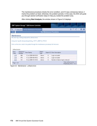 The maintenance procedure checks the error condition, and if it was a temporary failure, it
                 marks this problem as fixed; otherwise, the problem persists. In this case, the SVC will guide
                 you through several verification steps to help you isolate the problem area.

                 After clicking Start Analysis, the window shown in Figure 5-2 displays.




Figure 5-2 Maintenance - unfixed errors




172     IBM Virtual Disk System Quickstart Guide
 