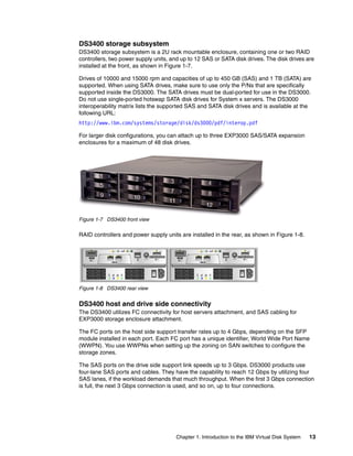 DS3400 storage subsystem
DS3400 storage subsystem is a 2U rack mountable enclosure, containing one or two RAID
controllers, two power supply units, and up to 12 SAS or SATA disk drives. The disk drives are
installed at the front, as shown in Figure 1-7.

Drives of 10000 and 15000 rpm and capacities of up to 450 GB (SAS) and 1 TB (SATA) are
supported. When using SATA drives, make sure to use only the P/Ns that are specifically
supported inside the DS3000. The SATA drives must be dual-ported for use in the DS3000.
Do not use single-ported hotswap SATA disk drives for System x servers. The DS3000
interoperability matrix lists the supported SAS and SATA disk drives and is available at the
following URL:
http://www.ibm.com/systems/storage/disk/ds3000/pdf/interop.pdf

For larger disk configurations, you can attach up to three EXP3000 SAS/SATA expansion
enclosures for a maximum of 48 disk drives.




Figure 1-7 DS3400 front view

RAID controllers and power supply units are installed in the rear, as shown in Figure 1-8.




Figure 1-8 DS3400 rear view


DS3400 host and drive side connectivity
The DS3400 utilizes FC connectivity for host servers attachment, and SAS cabling for
EXP3000 storage enclosure attachment.

The FC ports on the host side support transfer rates up to 4 Gbps, depending on the SFP
module installed in each port. Each FC port has a unique identifier, World Wide Port Name
(WWPN). You use WWPNs when setting up the zoning on SAN switches to configure the
storage zones.

The SAS ports on the drive side support link speeds up to 3 Gbps. DS3000 products use
four-lane SAS ports and cables. They have the capability to reach 12 Gbps by utilizing four
SAS lanes, if the workload demands that much throughput. When the first 3 Gbps connection
is full, the next 3 Gbps connection is used, and so on, up to four connections.




                                      Chapter 1. Introduction to the IBM Virtual Disk System   13
 