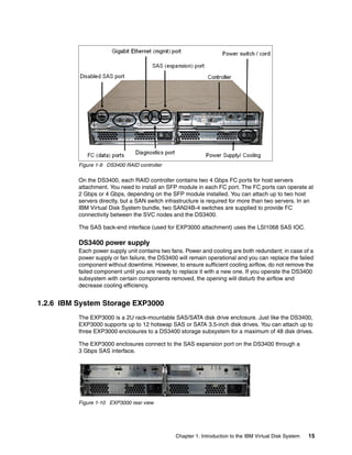 Figure 1-9 DS3400 RAID controller

          On the DS3400, each RAID controller contains two 4 Gbps FC ports for host servers
          attachment. You need to install an SFP module in each FC port. The FC ports can operate at
          2 Gbps or 4 Gbps, depending on the SFP module installed. You can attach up to two host
          servers directly, but a SAN switch infrastructure is required for more than two servers. In an
          IBM Virtual Disk System bundle, two SAN24B-4 switches are supplied to provide FC
          connectivity between the SVC nodes and the DS3400.

          The SAS back-end interface (used for EXP3000 attachment) uses the LSI1068 SAS IOC.

          DS3400 power supply
          Each power supply unit contains two fans. Power and cooling are both redundant; in case of a
          power supply or fan failure, the DS3400 will remain operational and you can replace the failed
          component without downtime. However, to ensure sufficient cooling airflow, do not remove the
          failed component until you are ready to replace it with a new one. If you operate the DS3400
          subsystem with certain components removed, the opening will disturb the airflow and
          decrease cooling efficiency.


1.2.6 IBM System Storage EXP3000
          The EXP3000 is a 2U rack-mountable SAS/SATA disk drive enclosure. Just like the DS3400,
          EXP3000 supports up to 12 hotswap SAS or SATA 3.5-inch disk drives. You can attach up to
          three EXP3000 enclosures to a DS3400 storage subsystem for a maximum of 48 disk drives.

          The EXP3000 enclosures connect to the SAS expansion port on the DS3400 through a
          3 Gbps SAS interface.




          Figure 1-10 EXP3000 rear view




                                                Chapter 1. Introduction to the IBM Virtual Disk System   15
 