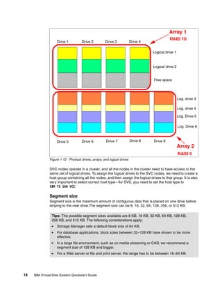 Array 1
                                                                                             RAID 10
                    Drive 1          Drive 2         Drive 3             Drive 4

                                                                                   Logical drive 1


                                                                                   Logical drive 2


                                                                                   Free space




                                                                                                     Log. drive 3

                                                                                                     Log. drive 4

                                                                                                     Log. Drive 5

                                                                                                     Log. Drive 6



                    Drive 5          Drive 6          Drive 7            Drive 8   Drive 9
                                                                                                     Array 2
                                                                                                     RAID 5
               Figure 1-12 Physical drives, arrays, and logical drives

               SVC nodes operate in a cluster, and all the nodes in the cluster need to have access to the
               same set of logical drives. To assign the logical drives to the SVC nodes, we need to create a
               host group containing all the nodes, and then assign the logical drives to that group. It is also
               very important to select correct host type—for SVC, you need to set the host type to
               IBM TS SAN VCE.

               Segment size
               Segment size is the maximum amount of contiguous data that is placed on one drive before
               striping to the next drive.The segment size can be 8, 16, 32, 64, 128, 256, or 512 KB.

                Tips: The possible segment sizes available are 8 KB, 16 KB, 32 KB, 64 KB, 128 KB,
                256 KB, and 512 KB. The following considerations apply:
                    Storage Manager sets a default block size of 64 KB.
                    For database applications, block sizes between 32–128 KB have shown to be more
                    effective.
                    In a large file environment, such as on media streaming or CAD, we recommend a
                    segment size of 128 KB and bigger.
                    For a Web server or file and print server, the range has to be between 16–64 KB.




18   IBM Virtual Disk System Quickstart Guide
 