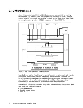 3.1 SAN introduction
               Figure 3-1 shows the basic IBM Virtual Disk System components and SAN connectivity
               between them. This is a basic setup, containing two SVC nodes, two SAN24B-4 switches,
               and one DS3400. You can have up to eight SVC nodes in an SVC cluster, up to three DS3400
               storage systems, and up to three EXP3000 enclosures behind each DS3400.




               Figure 3-1 IBM Virtual Disk System - SAN connectivity

               Each SVC node has four Fibre Channel ports, and hence two ports from each node must be
               connected to the redundant half of the independent fabric as shown in Figure 3-1. The
               DS3400 provided with the IBM virtual disk subsystem offering has two controllers and each
               controller has two FC ports for host connectivity. So one FC port from each of those
               controllers must be connected to the redundant half of the independent fabric.

               In the following sections, we discuss the configuration and administration steps for each of the
               IBM Virtual Disk System components:
                  SAN24B-4 switches
                  DS3400 storage system
                  SVC cluster




42   IBM Virtual Disk System Quickstart Guide
 