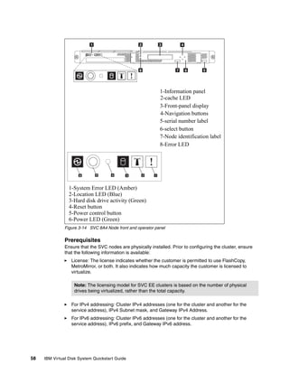 1-Information panel
                                                             2-cache LED
                                                             3-Front-panel display
                                                             4-Navigation buttons
                                                             5-serial number label
                                                             6-select button
                                                             7-Node identification label
                                                             8-Error LED




                 1-System Error LED (Amber)
                 2-Location LED (Blue)
                 3-Hard disk drive activity (Green)
                 4-Reset button
                 5-Power control button
                 6-Power LED (Green)
               Figure 3-14 SVC 8A4 Node front and operator panel

               Prerequisites
               Ensure that the SVC nodes are physically installed. Prior to configuring the cluster, ensure
               that the following information is available:
                  License: The license indicates whether the customer is permitted to use FlashCopy,
                  MetroMirror, or both. It also indicates how much capacity the customer is licensed to
                  virtualize.

                   Note: The licensing model for SVC EE clusters is based on the number of physical
                   drives being virtualized, rather than the total capacity.

                  For IPv4 addressing: Cluster IPv4 addresses (one for the cluster and another for the
                  service address), IPv4 Subnet mask, and Gateway IPv4 Address.
                  For IPv6 addressing: Cluster IPv6 addresses (one for the cluster and another for the
                  service address), IPv6 prefix, and Gateway IPv6 address.




58   IBM Virtual Disk System Quickstart Guide
 