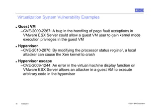 Virtualization System Vulnerability Examples

■    Guest VM
      –CVE-2009-2267: A bug in the handling of page fault exceptions in
       VMware ESX Server could allow a guest VM user to gain kernel mode
       execution privileges in the guest VM
■    Hypervisor
      –CVE-2010-2070: By modifying the processor status register, a local
       attacker can cause the Xen kernel to crash
■    Hypervisor escape
      –CVE-2009-1244: An error in the virtual machine display function on
       VMware ESX Server allows an attacker in a guest VM to execute
       arbitrary code in the hypervisor




18    10.03.2011                                                     © 2011 IBM Corporation
 