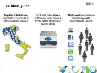Le linee guida

     Capitale intellettuale          Centralità dello store e     Multicanalità e strategia
    distribuito e necessità di      interazioni con i clienti a      digitale SoLoMo
     comunicazioni circolari        livello locale sfruttando i    coinvolgendo i clienti
                                           diversi canali




5
           © 2012 IBM Corporation
 