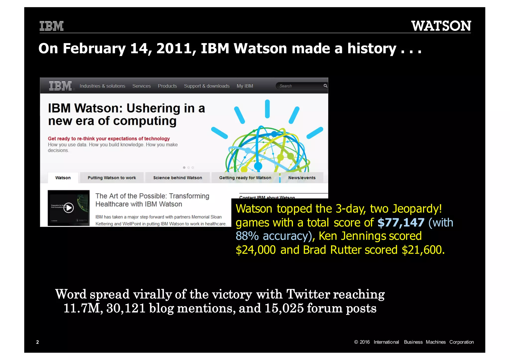 ©  2016   International   Business   Machines   Corporation2 Word spread virally of the victory with Twitter reaching 11.7M, 30,121 blog mentions, and 15,025 forum posts On  February  14,  2011,  IBM  Watson  made  a  history  .  .  . Watson  topped  the  3-­day,  two  Jeopardy!   games  with  a  total  score  of  $77,147 (with 88% accuracy),  Ken  Jennings  scored   $24,000  and  Brad  Rutter  scored  $21,600. 