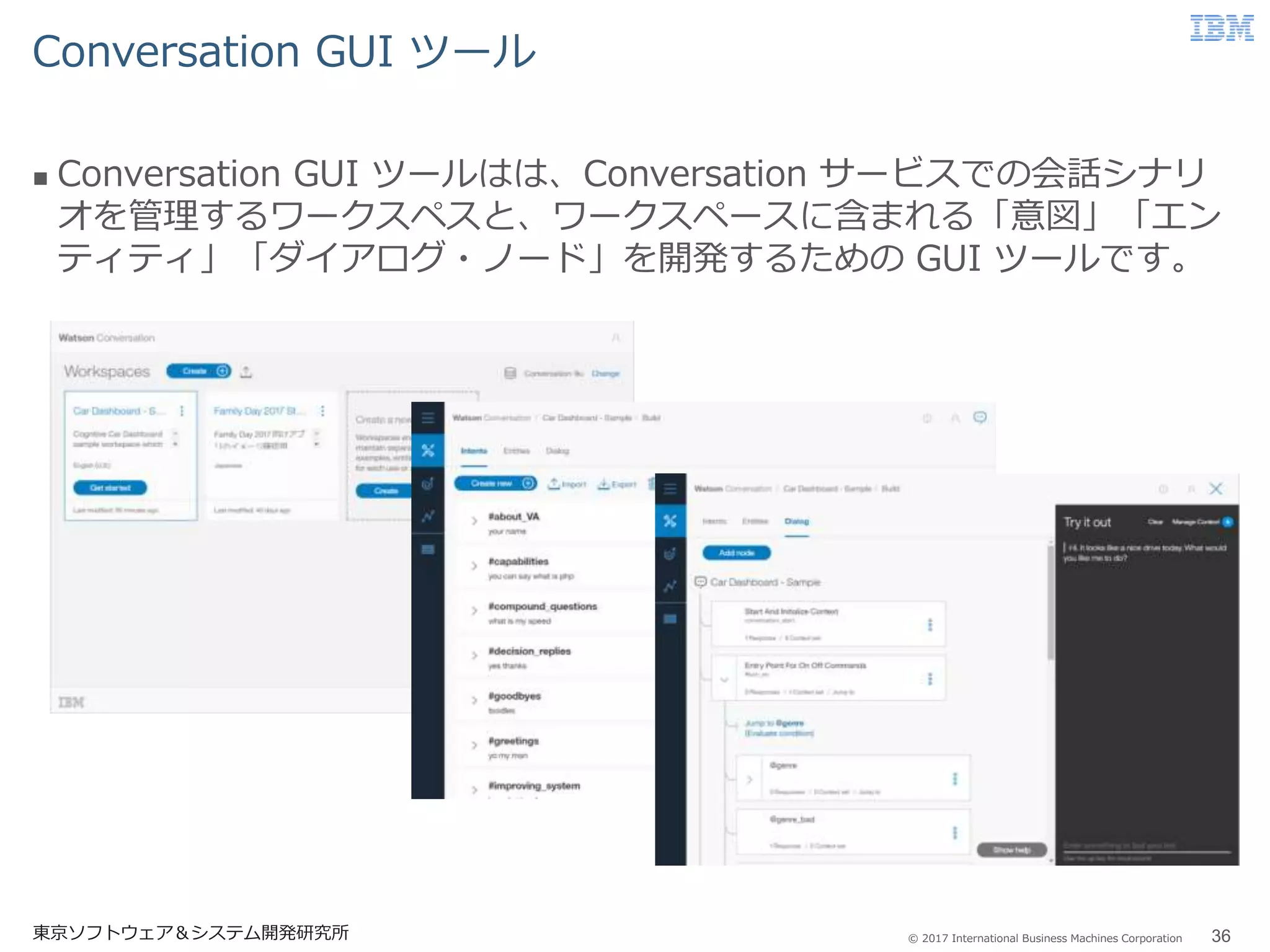 © 2017 International Business Machines Corporation
Conversation GUI ツール
東京ソフトウェア＆システム開発研究所 36
 Conversation GUI ツールはは、Conversation サービスでの会話シナリ
オを管理するワークスペスと、ワークスペースに含まれる「意図」「エン
ティティ」「ダイアログ・ノード」を開発するための GUI ツールです。
 