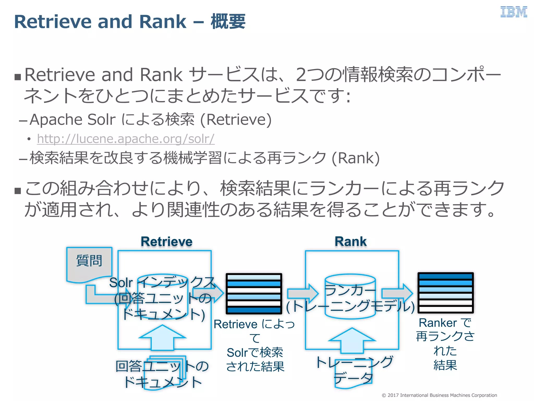 © 2017 International Business Machines Corporation
Retrieve and Rank – 概要
 Retrieve and Rank サービスは、2つの情報検索のコンポー
ネントをひとつにまとめたサービスです:
–Apache Solr による検索 (Retrieve)
• http://lucene.apache.org/solr/
–検索結果を改良する機械学習による再ランク (Rank)
 この組み合わせにより、検索結果にランカーによる再ランク
が適用され、より関連性のある結果を得ることができます。
Retrieve Rank
ランカー
(トレーニングモデル)
質問
Retrieve によっ
て
Solrで検索
された結果
Ranker で
再ランクさ
れた
結果回答ユニットの
ドキュメント
トレーニング
データ
Solr インデックス
(回答ユニットの
ドキュメント)
 