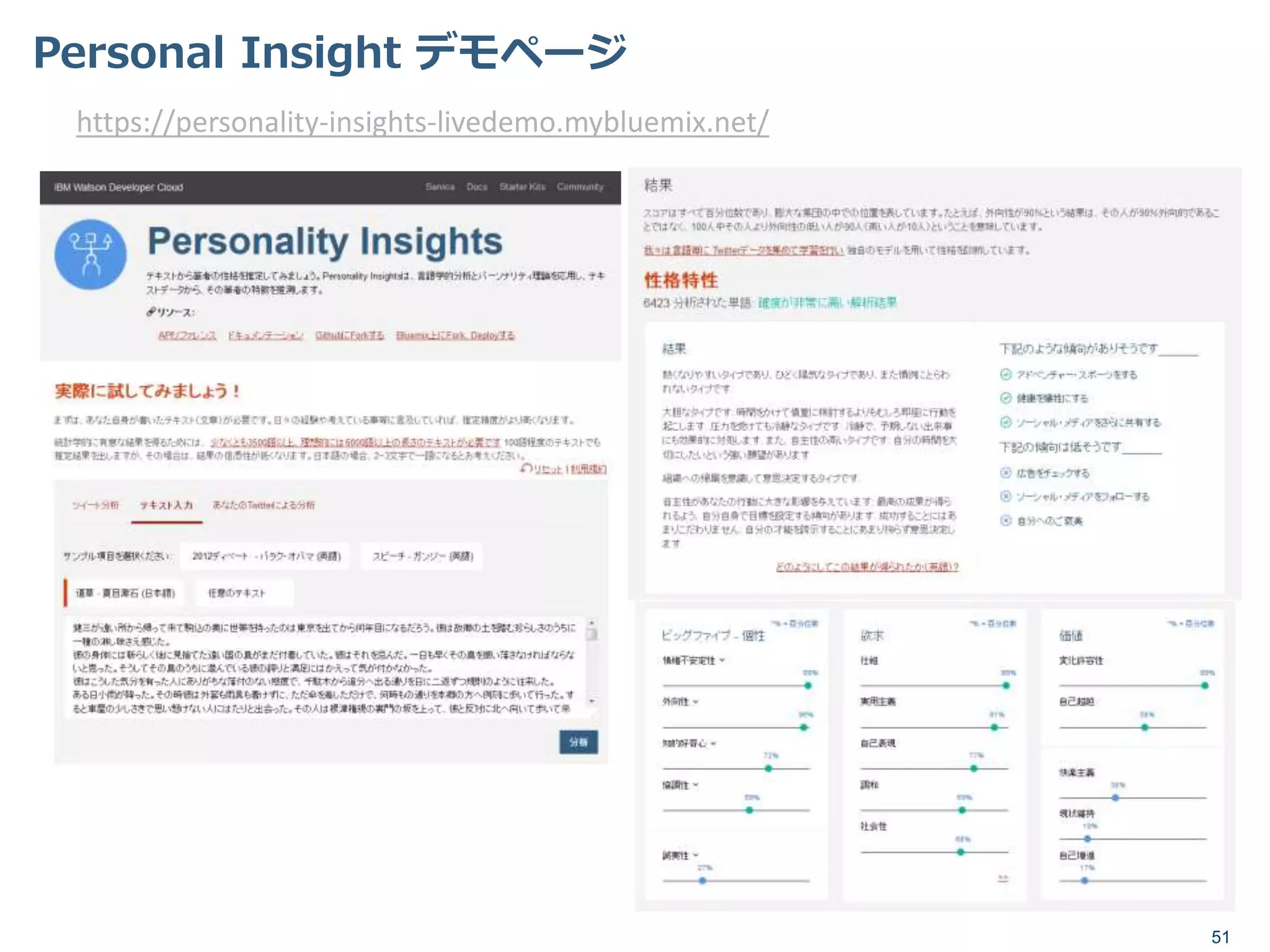 Personal Insight デモページ
51
https://personality-insights-livedemo.mybluemix.net/
 