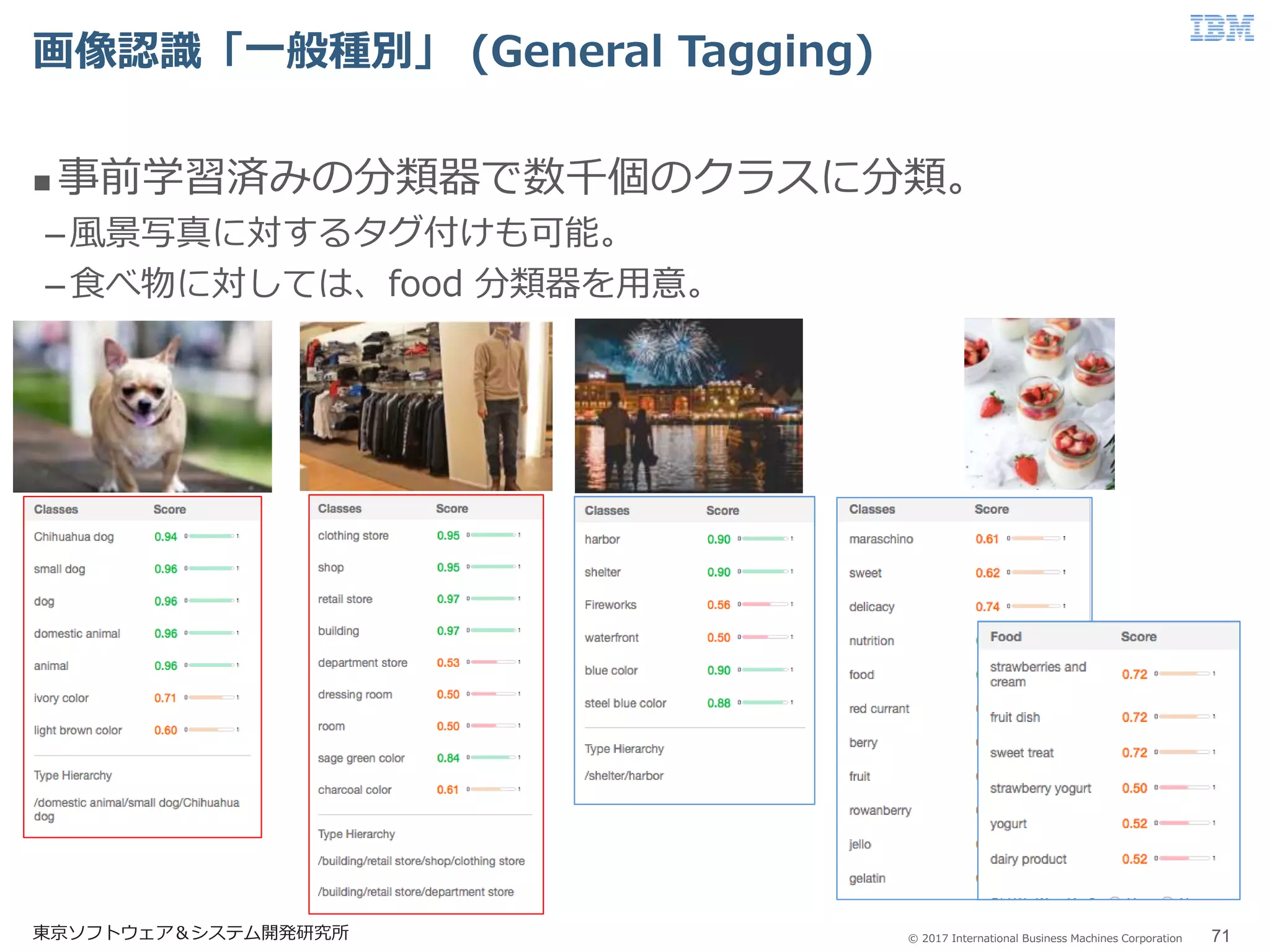 © 2017 International Business Machines Corporation
画像認識「一般種別」 (General Tagging)
東京ソフトウェア＆システム開発研究所 71
 事前学習済みの分類器で数千個のクラスに分類。
–風景写真に対するタグ付けも可能。
–食べ物に対しては、food 分類器を用意。
 