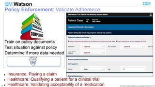 © International Business Machines 2015
IBM Watson
14
Policy Enforcement: Validate Adherence
 Insurance: Paying a claim
 Healthcare: Qualifying a patient for a clinical trial
 Healthcare: Validating acceptability of a medication
Train on policy documents
Test situation against policy
Determine if more data needed
 
