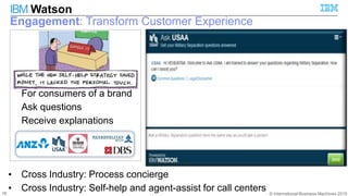 © International Business Machines 2015
IBM Watson
16
Engagement: Transform Customer Experience
For consumers of a brand
Ask questions
Receive explanations
• Cross Industry: Process concierge
• Cross Industry: Self-help and agent-assist for call centers
 