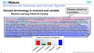 © International Business Machines 2015
IBM Watson
20
A 58-year-old woman presented to her primary care physician after several days of dizziness, anorexia, dry mouth, increased thirst, and
frequent urination. She had also had a fever and reported that food would “get stuck” when she was swallowing. She reported no pain
in her abdomen, back, or flank and no cough, shortness of breath, diarrhea, or dysuria. Her family history included oral and bladder
cancer in her mother, Graves' disease in two sisters, hemochromatosis in one sister, and idiopathic thrombocytopenic purpura in one
sister. Her history was notable for cutaneous lupus, hyperlipidemia, osteoporosis, frequent urinary tract infections, three
uncomplicated cesarean sections, a left oophorectomy for a benign cyst, and primary hypothyroidism, which had been diagnosed a
year earlier. Her medications were levothyroxine, hydroxychloroquine, pravastatin, and alendronate. A urine dipstick was positive for
leukocyte esterase and nitrites. The patient was given a prescription for ciprofloxacin for a urinary tract infection and was advised to
drink plenty of fluids. On a follow-up visit with her physician 3 days later, her fever had resolved, but she reported continued weakness
and dizziness despite drinking a lot of fluids. She felt better when lying down. Her supine blood pressure was 120/80 mm Hg, and her
pulse was 88 beats per minute; on standing, her systolic blood pressure was 84 mm Hg, and her pulse was 92 beats per minute. A urine
specimen obtained at her initial presentation had been cultured and grew more than 100,000 colonies of Escherichia coli, which is
sensitive to ciprofloxacin.
Questions are Nuanced and Domain Specific
Domain terminology is nuanced and variable
– Machine Learning critical for training
Evidence Profile for UTI Diagnosis
Disease named as
a symptom
 