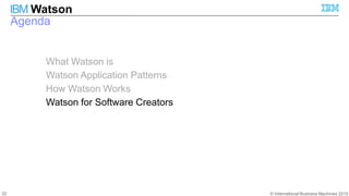 © International Business Machines 2015
IBM Watson
Agenda
What Watson is
Watson Application Patterns
How Watson Works
Watson for Software Creators
22
 