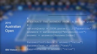 © International Business Machines 2015
IBM Watson
© 2015 International Business Machines Corporation
IBM Watson
2015
Australian
Open
#
# EXTRACT THE ANSWERS FROM A WATSON QUERY
#
watsonQuery = JSON.parse(...)["question"]
answers = watsonQuery["evidencelist"]
answer = answers[@answerIndex]
@answerConfidence = answer[“value”]
@answerText = answer[“text”]
@answerValue = answer[“value”]
33
 