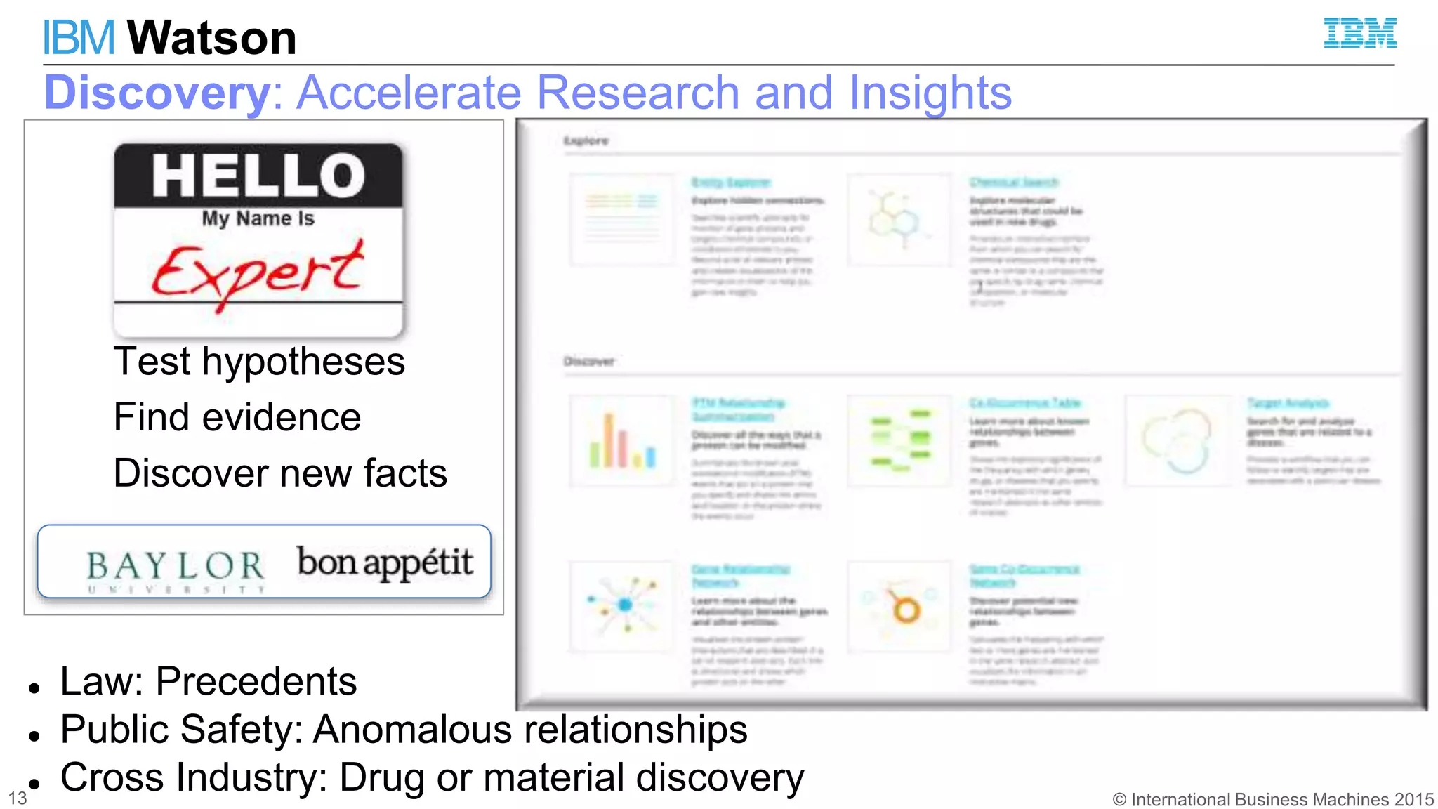 © International Business Machines 2015
IBM Watson
Discovery: Accelerate Research and Insights
13
 Law: Precedents
 Public Safety: Anomalous relationships
 Cross Industry: Drug or material discovery
Test hypotheses
Find evidence
Discover new facts
 