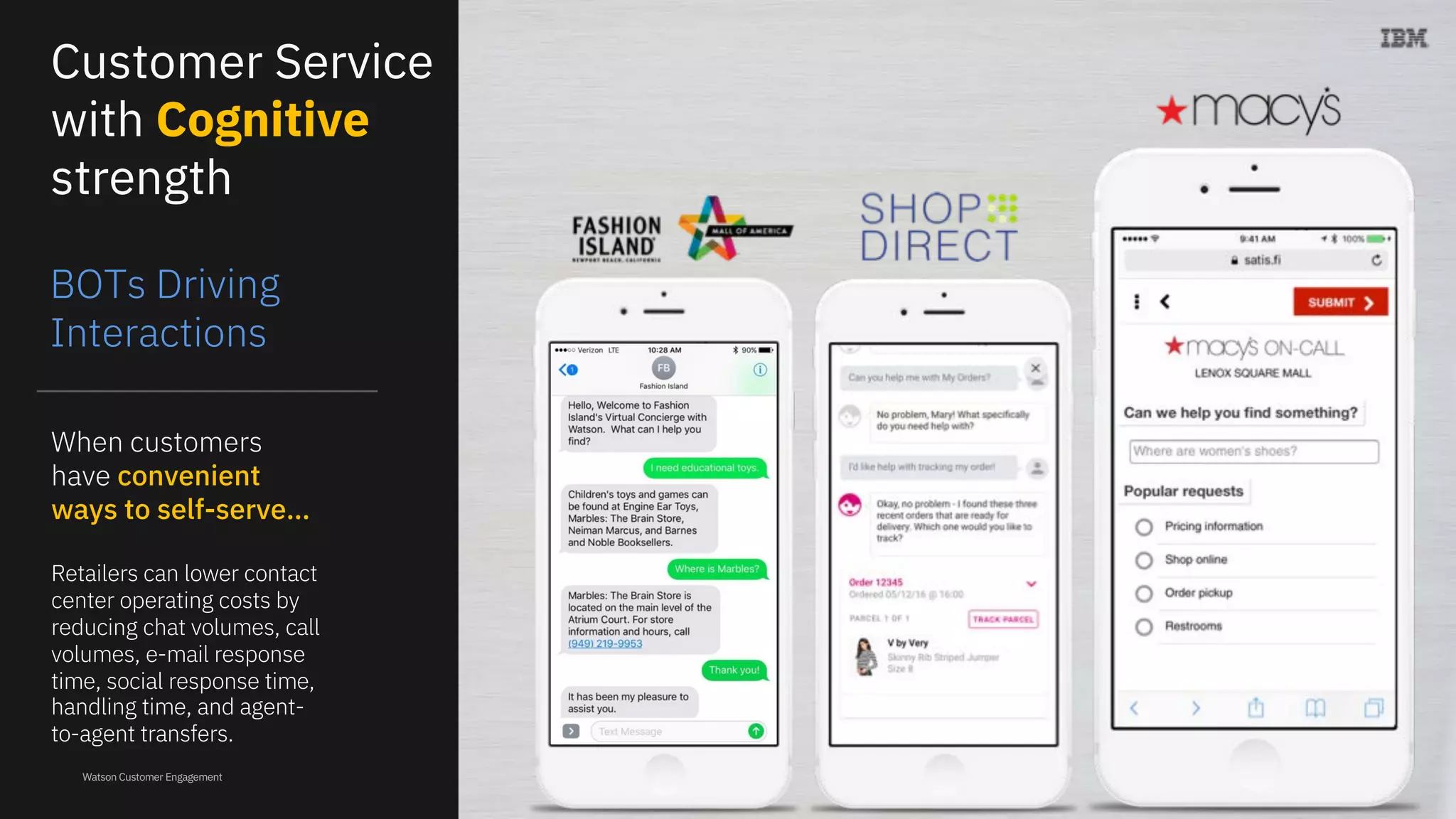 Watson Customer Engagement
When customers
have convenient
ways to self-serve…
Retailers can lower contact
center operating costs by
reducing chat volumes, call
volumes, e-mail response
time, social response time,
handling time, and agent-
to-agent transfers.
BOTs Driving
Interactions
Customer Service
with Cognitive
strength
 