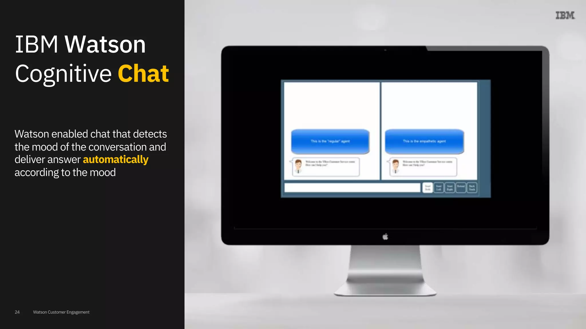 Watson Customer Engagement
IBM Watson
Cognitive Chat
Watson enabled chat that detects
the mood of the conversation and
deliver answer automatically
according to the mood
24
 