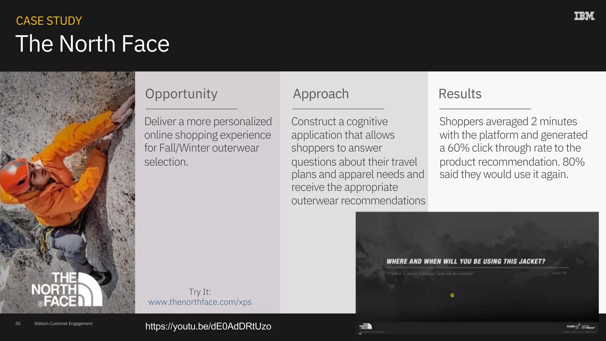 Watson Customer Engagement
CASE STUDY
Opportunity Approach Results
Deliver a more personalized
online shopping experience
for Fall/Winter outerwear
selection.
Construct a cognitive
application that allows
shoppers to answer
questions about their travel
plans and apparel needs and
receive the appropriate
outerwear recommendations
Shoppers averaged 2 minutes
with the platform and generated
a 60% click through rate to the
product recommendation. 80%
said they would use it again.
The North Face
Try It:
www.thenorthface.com/xps
20
https://youtu.be/dE0AdDRtUzo
 