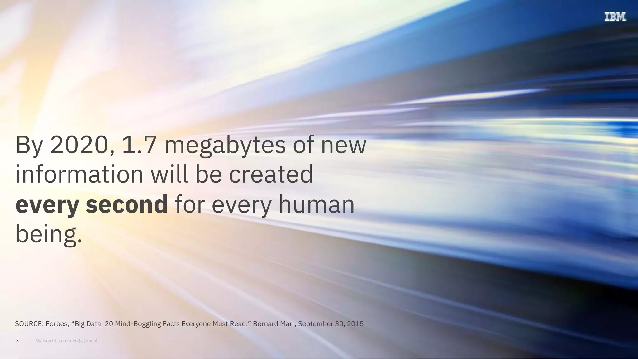 Watson Customer Engagement
By 2020, 1.7 megabytes of new
information will be created
every second for every human
being.
SOURCE: Forbes, “Big Data: 20 Mind-Boggling Facts Everyone Must Read,” Bernard Marr, September 30, 2015
3
 