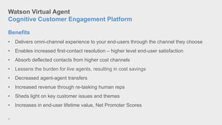 Watson Virtual Agent
Cognitive Customer Engagement Platform
20
Benefits
• Delivers omni-channel experience to your end-users through the channel they choose
• Enables increased first-contact resolution – higher level end-user satisfaction
• Absorb deflected contacts from higher cost channels
• Lessens the burden for live agents, resulting in cost savings
• Decreased agent-agent transfers
• Increased revenue through re-tasking human reps
• Sheds light on key customer issues and themes
• Increases in end-user lifetime value, Net Promoter Scores
 