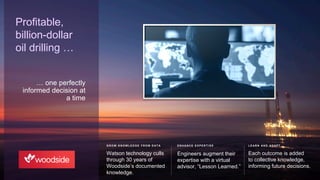 … one perfectly
informed decision at
a time
Profitable,
billion-dollar
oil drilling …
Watson technology culls
through 30 years of
Woodside’s documented
knowledge.
Engineers augment their
expertise with a virtual
advisor, “Lesson Learned.”
Each outcome is added
to collective knowledge,
informing future decisions.
G R O W K N O W L E D G E F R O M D A T A E N H A N C E E X P E R T I S E L E A R N A N D A D A P T
 