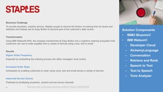 25
Business Challenge
To provide anywhere, anytime service, Staples sought to remove the friction of ordering from its stores and
websites and instead use its Easy Button to become part of the customer’s daily routine.
Transformation
Using IBM Watson® APIs, the company transformed its Easy Button into a cognitive ordering ecosystem that
customers can use to order supplies from a variety of devices using voice, text or email.
Results
Higher Order Frequency
Expected by embedding the ordering process into office managers’ work routine
Increased Order Sizes
Anticipated by enabling customers to order using voice, text and email across a variety of devices
Improved Service Scores
Predicted by facilitating anywhere, anytime service across channels
Solution Components
• IBM® Bluemix®
• IBM Watson®
– Developer Cloud
– AlchemyLanguage
– Conversation
– Retrieve and Rank
– Speech to Text
– Text to Speech
– Tone Analyzer
http://ecc.ibm.com/case-study/us-en/ECCF-WUC12550USEN
 