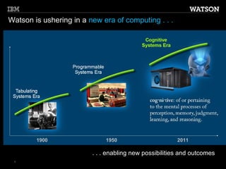 10 © 2012 International Business Machines Corporation
1
Watson is ushering in a new era of computing . . .
. . . enabling new possibilities and outcomes
1900 1950 2011
 