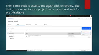 Then come back to assests and again click on deploy, after
that give a name to your project and create it and wait for
the initializing
 