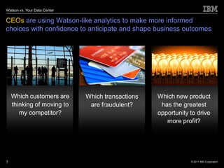 Watson vs. Your Data Center

CEOs are using Watson-like analytics to make more informed
choices with confidence to anticipate and shape business outcomes




    Which customers are       Which transactions   Which new product
    thinking of moving to      are fraudulent?      has the greatest
       my competitor?                              opportunity to drive
                                                      more profit?




3                                                              © 2011 IBM Corporation
 
