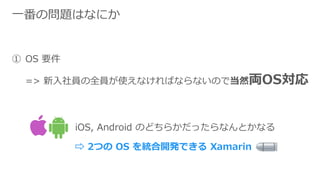 һΆ}Ϥʤˤ
 OS Ҫ
=> TȫTʹʤФʤʤΤǵȻIOS
iOS, Android Τɤ餫äʤȤʤ
? 2Ĥ OS y_kǤ Xamarin
 